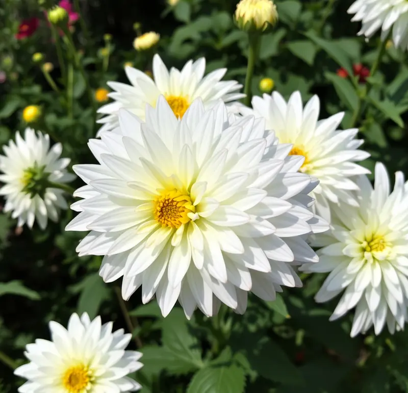 White dahlias with yellow centers in bloom